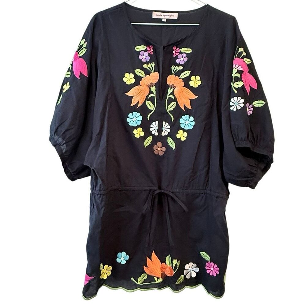 Nanette Lepore Embroidered Floral Drawstring Waist Tunic Top Multicolor Small